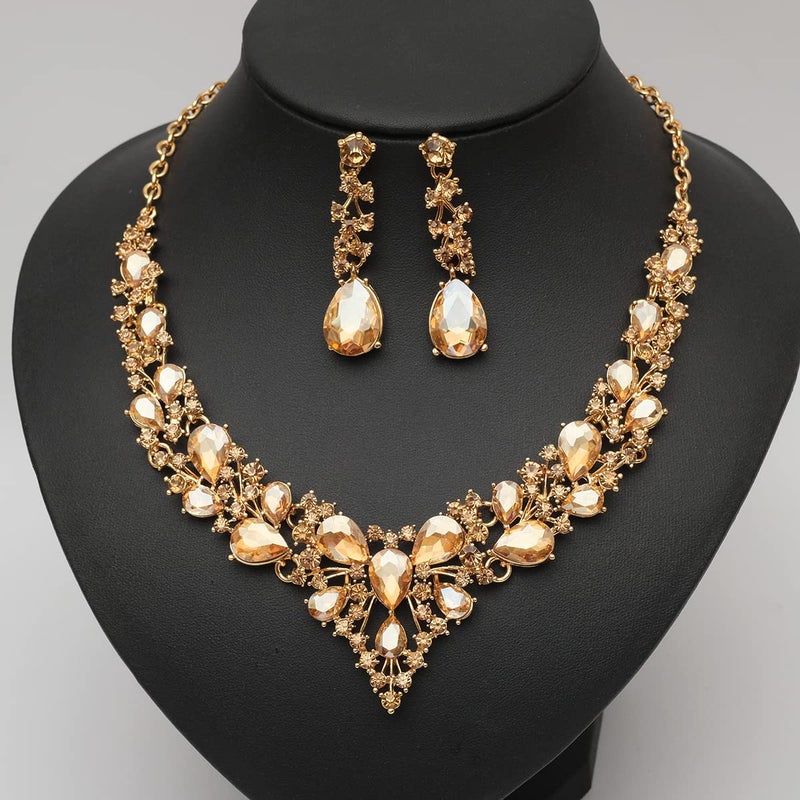 CSY Women's Austrian Crystal Necklace Earrings Bracelet Ring Bridal Jewelry Sets for Brides Wedding Party Costume Accessories (Champagne Gold) - Image 3